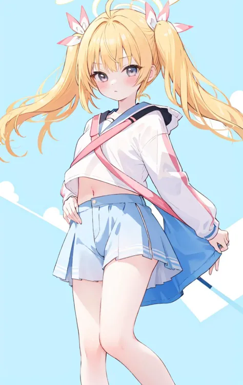 <lora:Yoshimi_Blui_Archive_LoraV1:1> yoshimi (blue archive), 1girl, twintails, blonde hair, blush, ribbon, halo, solo, hair ribbon, ahoge, long hair, bangs, crop top, bare legs