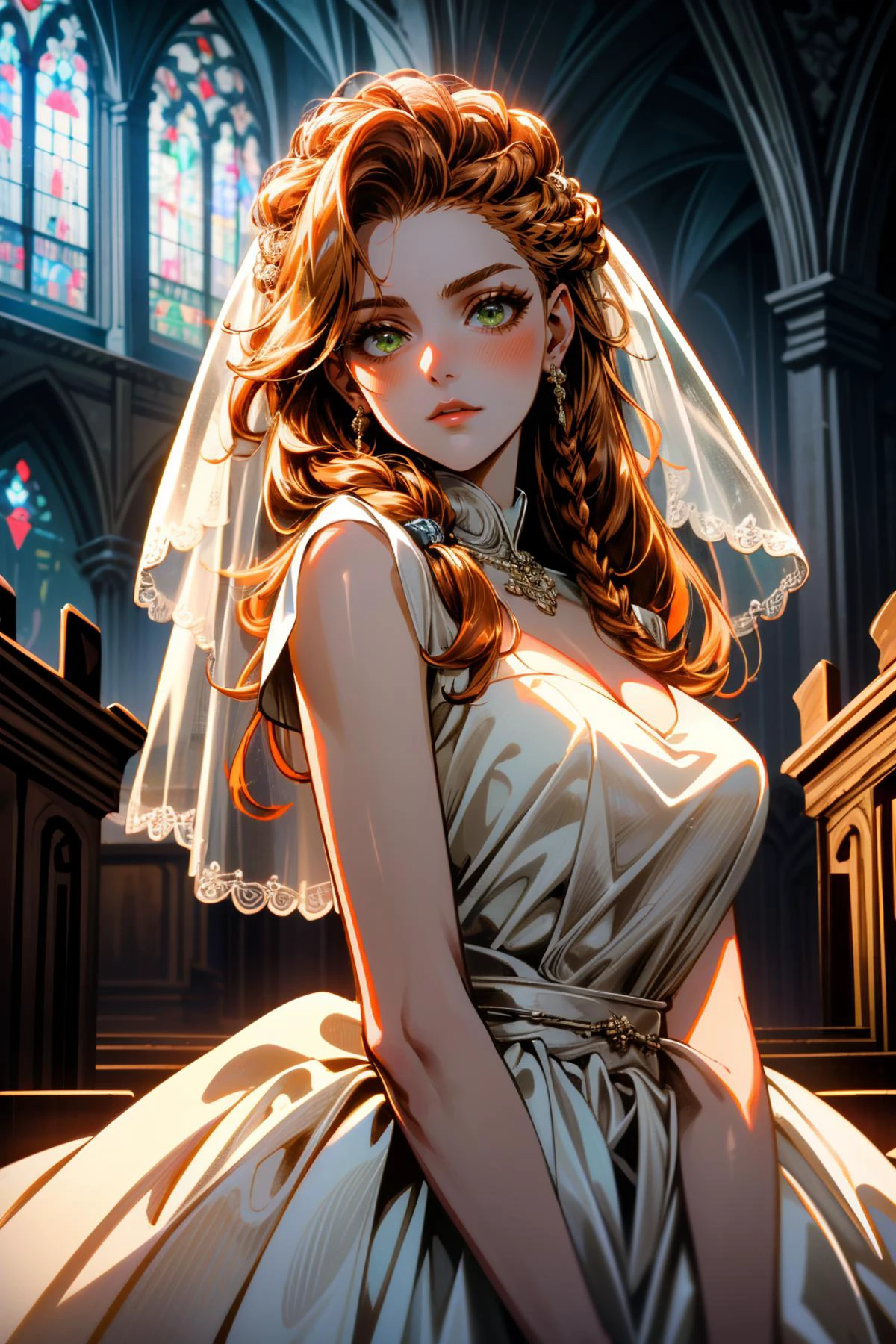((مفصلة للغاية, تحفة, سخافات))
 HFWAloy, 1فتاة, شعر برتقالي, عيون خضراء, شعر طويل, جديلة, يرتدي فستان الزفاف, الحجاب الزفاف, داخل كنيسة