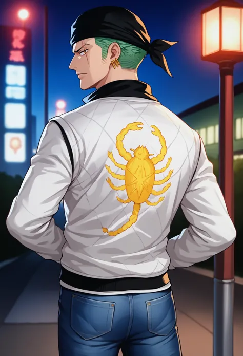 anime man in a white jacket with a scorpion on his back