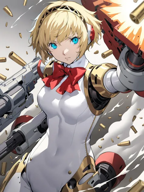 aegis \(persona\), 1girl, solo, blonde hair, shell casing, bow, blue eyes, android, short hair, smoke, red bowtie, red bow, bowt...