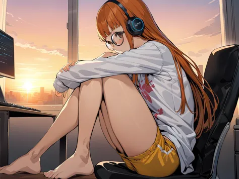 sakura futaba, 1girl, glasses, headphones, shorts, long hair, barefoot, solo, orange hair, sitting, short shorts, shirt, yellow ...