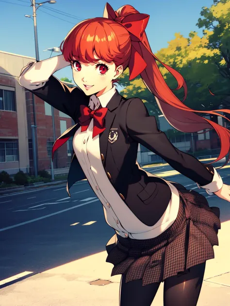 Yoshizawa Kasumi, 1fille, seulement, cheveux roux, école uniform, shuujin academy école uniform, collants, jupe, les yeux rouges, queue de cheval, cheveux longs, arc, regarder le spectateur, hair arc, sourire, black collants, En plein air, école