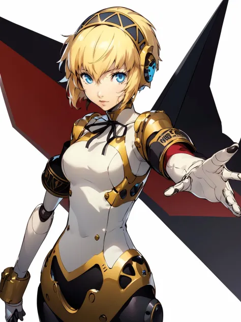 aegis \(persona\), 1girl, solo, android, blonde hair, short hair, robot joints, blue eyes, joints, white background, ribbon, sim...