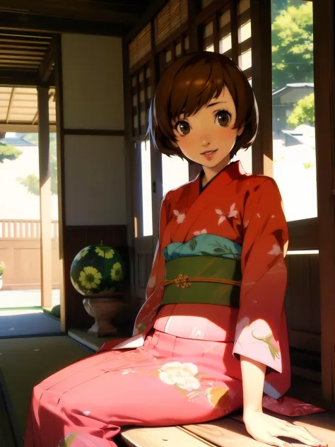 Satonaka Chie, 1 chica, ropa japonesa, kimono, Pelo castaño, solo, cabello corto, Ojos cafés, Sesión, alimento, Sandía, yukata, sonrisa, fruta, mirando al espectador, faja, labios, veranda, obi