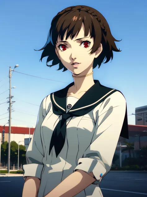 Niijima Makoto, 1 chica, solo, Pelo castaño, ojos rojos, trenza, cabello corto, Uniforme escolar, crown trenza