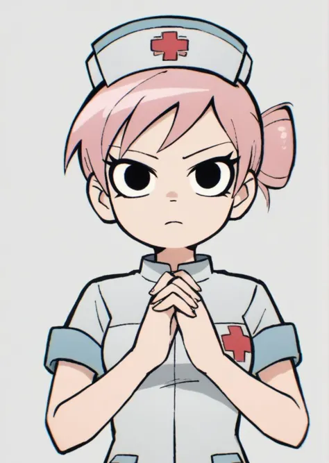 a cartoon nurse with pink hair and a white uniform