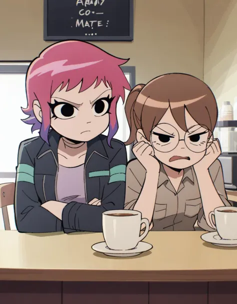 anime characters sitting at a table with cups of coffee