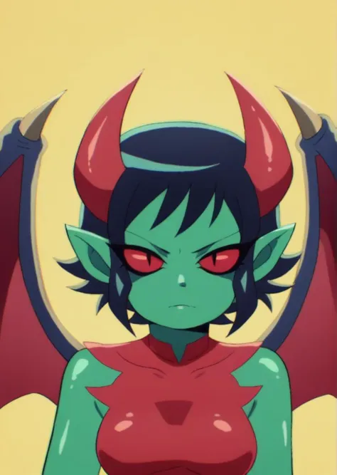 a close up of a cartoon character with horns and a red dress