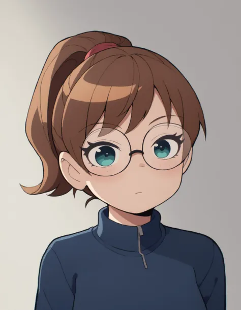 a close up of a person with glasses and a ponytail