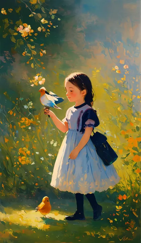 impressionist painting of an small girl holding a little bird, loose brushwork, vibrant color, light and shadow play, captures f...