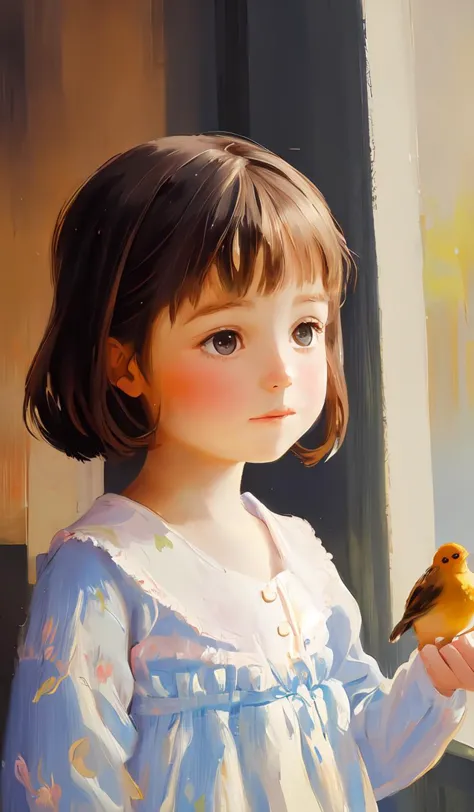 impressionist painting of an small girl holding a little bird, loose brushwork, vibrant color, light and shadow play, captures feeling over form