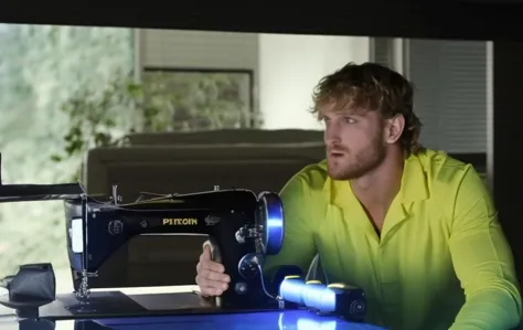 arafed man in a yellow shirt sitting at a table with a sewing machine