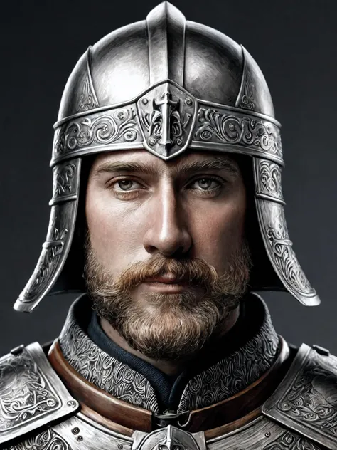 copperplate,Create a realistic fantasy image of a knight with his helmet removed,highlighting his face. The knight should embody the image of a good god,with blond hair,a chiseled chin and dark brown eyes. He should be dressed in richly detailed Germanic armor,presented in a highly realistic style. Make sure the image is well lit to highlight the intricate details of his facial features and armor. Add "Warhammer 40K" aesthetic elements to the traditional fantasy background to add unique style changes.,
Illustrations should use elements of woodcuts and copperplate prints,combining the thick lines and rich textural details of woodcuts with the delicate lines and depth of copperplate prints. Maintaining the black and white tones of the illustrations creates the feel of retro and flat illustrations while capturing the essence of the characters and the environment.,