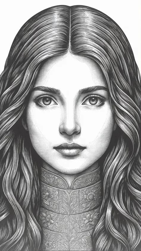 a drawing of a woman with long hair and a collar