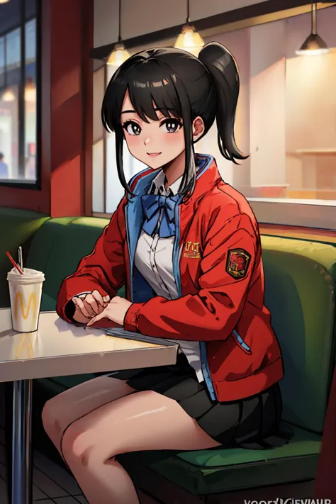 (masterpiece, best quality:1.2), solo, 1girl, mcdgirlfriend, smile, looking at viewer, sitting, ponytail, red jacket, collared shirt, bow, skirt, indoors, restaurant <lora:yorumac_girlfriend:1>