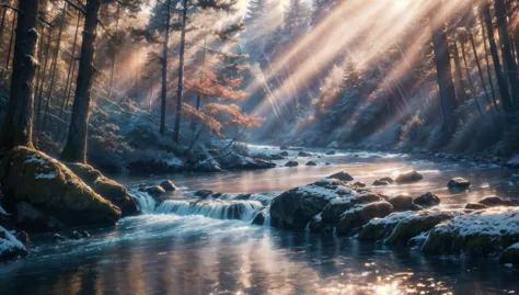 cinematic photo stunning view,majestic analog photo of a picturesque nature of a
river in forest,sun rays through trees, voluminous light and light rays,ocean shore in a
winter [imagination] in the evening sunset, snowing  weather,
environmental lighting,dramatic lighting, 8k resolution, detailed, focus, (close shot)
atmospheric dreamscape painting
by Guy Tal . 35mm photograph, film, bokeh, professional, 4k, highly detailed