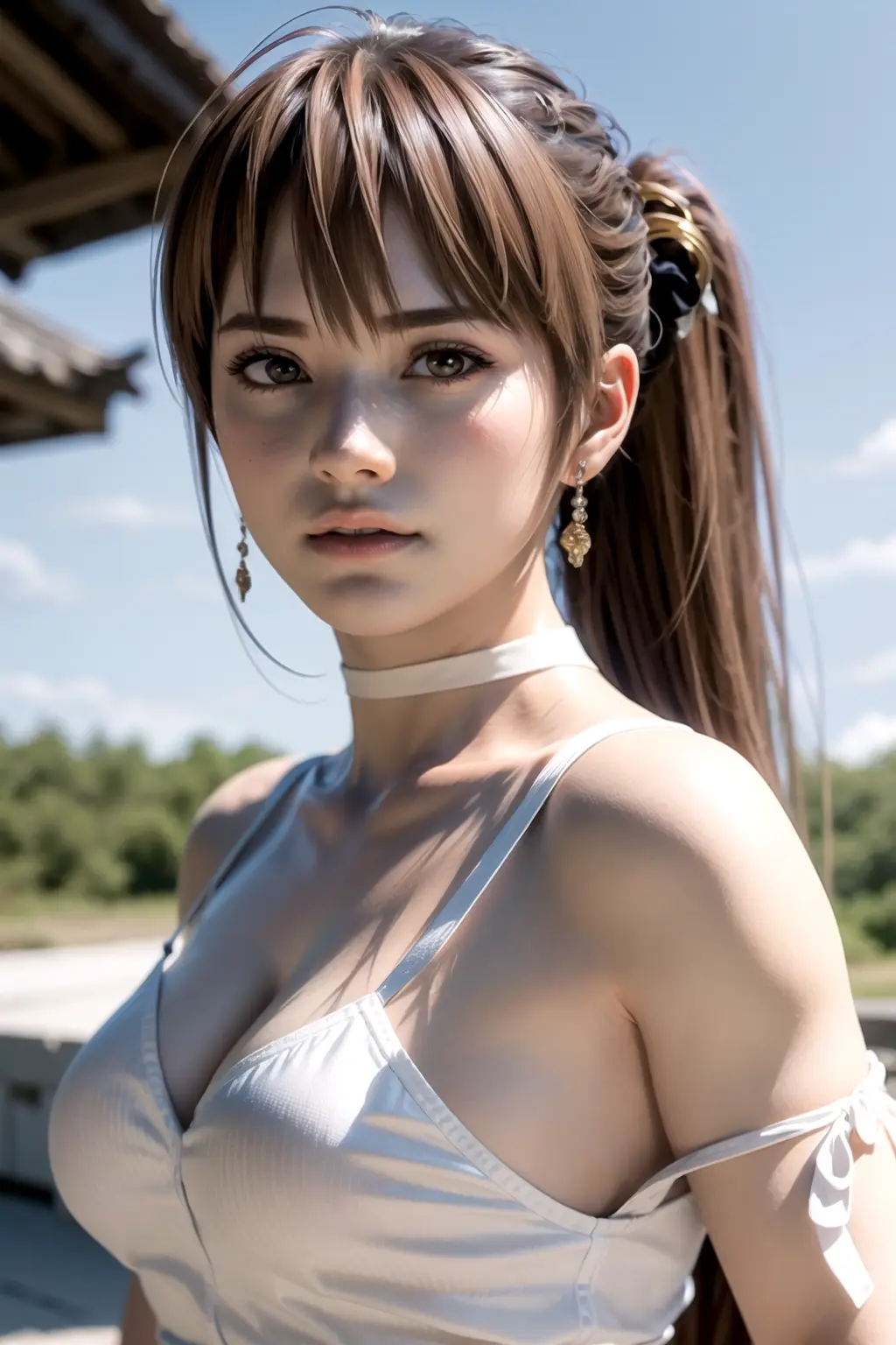 8k, best quality, real picture, intricate details, ultra-detailed, ultra highres, depth field,(photorealistic,realistic:1.2),masterpiece,photo of  kasumi \(doa\), wearing white japanese clothes, bare shoulders, breasts, brown eyes, brown hair, lips, long hair, ponytail, solo, sun, blue sky,
best quality, realistic, photorealistic, (intricate details:1.2), (delicate detailed), (cinematic light), clear line, sharp focus, realistic face, detailed face
unity 8k wallpaper, ultra high res, (photorealistic:1.4), looking at viewer 