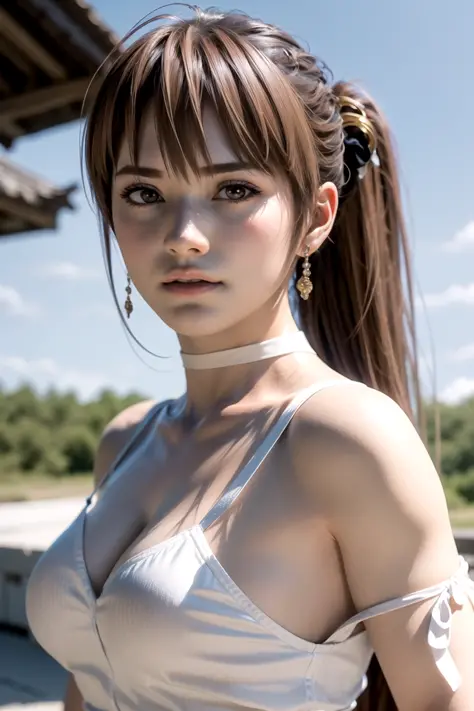 8k, best quality, real picture, intricate details, ultra-detailed, ultra highres, depth field,(photorealistic,realistic:1.2),masterpiece,photo of  kasumi \(doa\), wearing white japanese clothes, bare shoulders, breasts, brown eyes, brown hair, lips, long h...