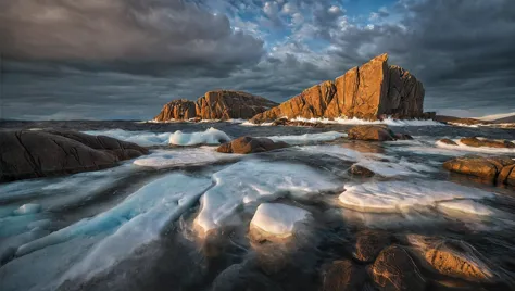 CINEMATIC SHOT, professional photo by Caravaggio of  wild nature, Kola, peninsula, rock formations, cliffs, waves, sunshine, dra...