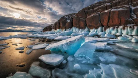 arafed icebergs on the shore of a lake with a cloudy sky