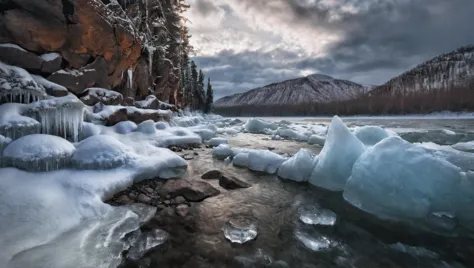 CINEMATIC SHOT, professional photo by Caravaggio of  wild nature, Russia, winter, snow, woods, cliffs, icicles, dramatic clouds,...