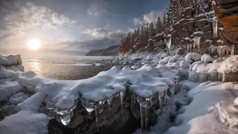 CINEMATIC SHOT, professional photo by Caravaggio of  wild nature, Russia, winter, snow, woods, valley, cliffs, sun kissed, icicl...