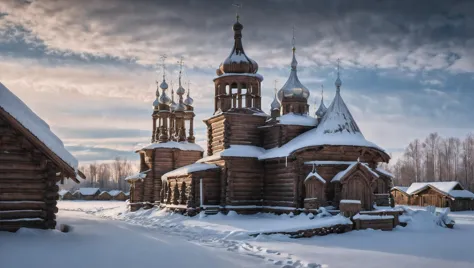 CINEMATIC SHOT, professional photo by Caravaggio of  wild nature, Russia, winter, snow, wooden church, wooden village, icicles, ...