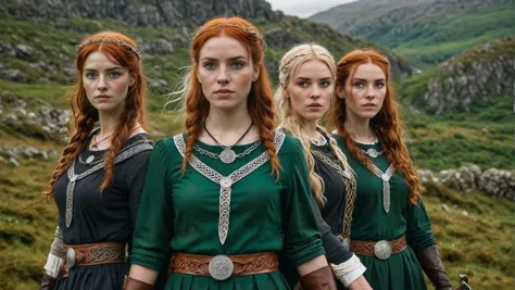 waifu style, A trio of modern Celtic-inspired heroines, each with unique strengths and personalities, ready to embark on a mythi...