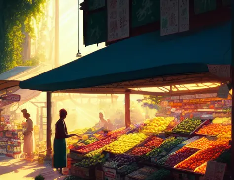 hestyle street market, bright daylight, sunset time painting