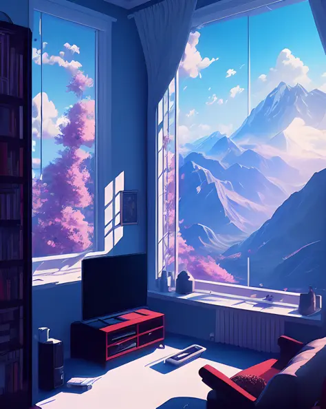 hestyle room, beautiful gaming room, windows, cinematic lighting, evening time