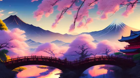 hestyle, masterpiece ,Japanese wooden bridge, anime style, mountains, wallpaper, cherry blossom trees, (((evening sun))), fallin...