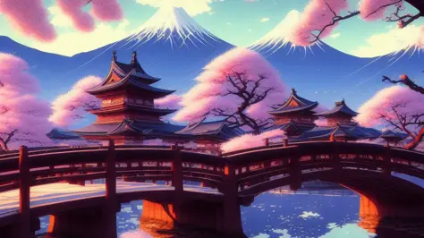 hestyle, masterpiece ,Japanese wooden bridge, anime style, mountains, wallpaper, cherry blossom trees, evening