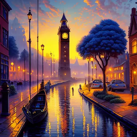 a painting of a city street with a clock tower in the background and a river running through it with a boat in the foreground, a...