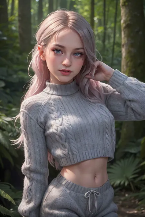 photo of S390_SageRabbit,a stunning woman,in a (forest:1.1),wearing a (knitted-sweater:1.1),(gray-sweatpants),(4k, RAW photo, be...