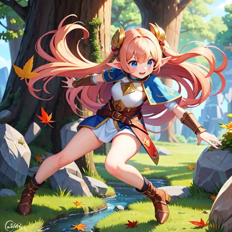 (masterpiece, best quality), (adorable cute small elven 1girl),(long ponny hair),(full body),(fighting pose),(cracked rocks),(fa...