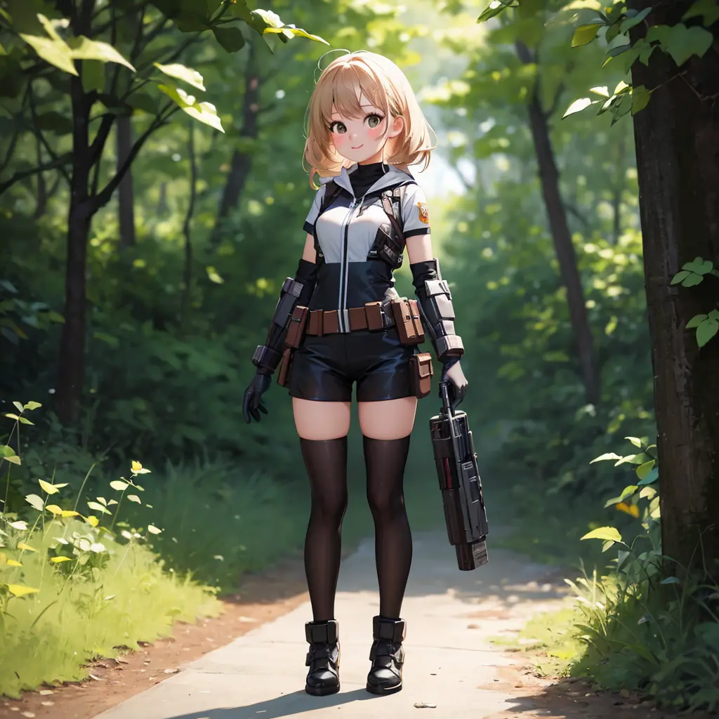 masterpiece, best quality,(full body:1.6),(1girl bounty hunter:1.7 ),(very cute,adorable:1.3),(on forest),(searching for enemys)...