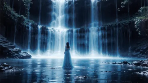 a woman in a long dress standing in front of a waterfall