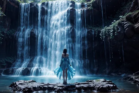 a woman in a blue dress standing in front of a waterfall