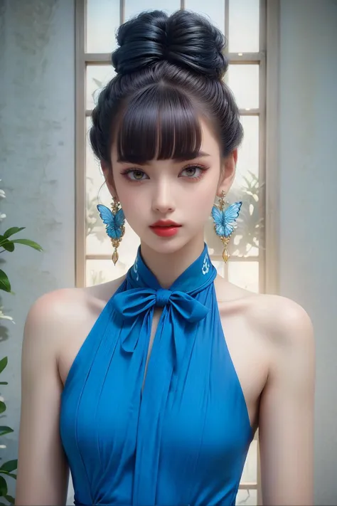 a close up of a woman wearing a blue dress and butterfly earrings