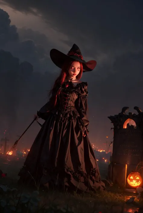 a woman in a black dress and hat standing in front of a cemetery