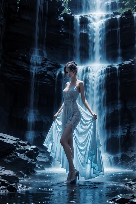 a woman in a dress standing in front of a waterfall