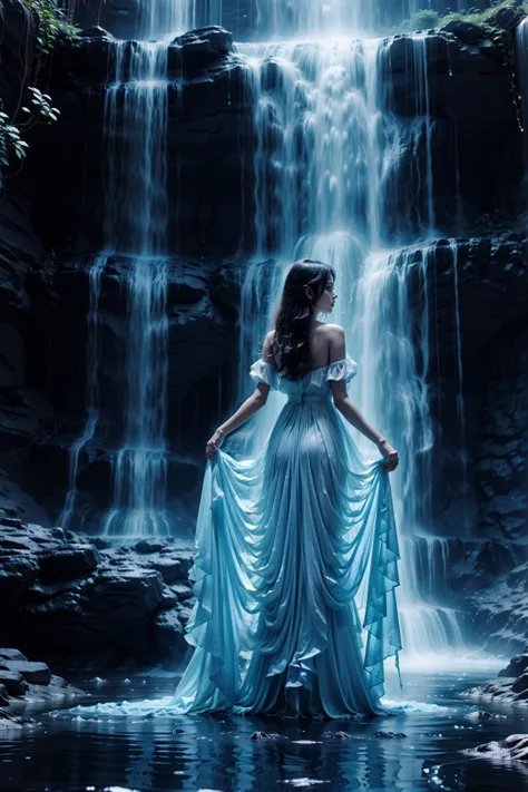 a woman in a blue dress standing in front of a waterfall