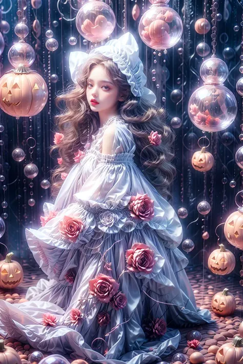 a close up of a woman in a dress surrounded by bubbles