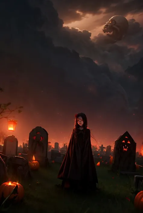 a woman in a black cloak standing in a cemetery with pumpkins