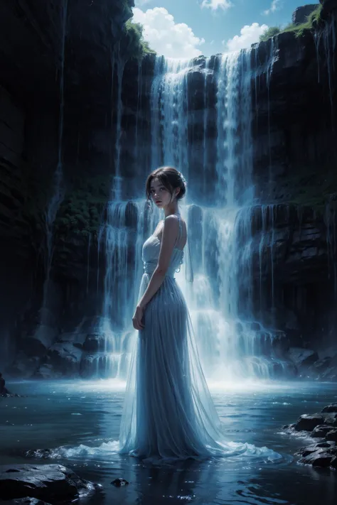 a woman in a blue dress standing in front of a waterfall