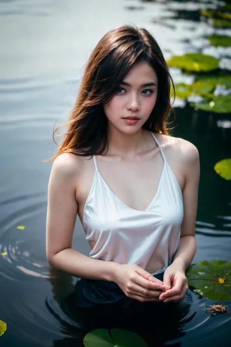 aoyem, (brown shirt), The woman's beauty can be enhanced by the reflection of the lotus flowers in the water. The vibrant colors of the lotus flowers can also add to the beauty of the scene, creating a harmonious blend of colors, RAW photo,(high detailed s...
