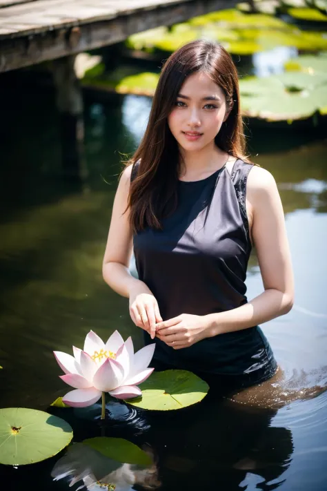 aoyem, (brown shirt), The woman's beauty can be enhanced by the reflection of the lotus flowers in the water. The vibrant colors...