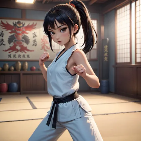 anime artwork full body shot, realistic photography of a female asian karate fighter, long black hair, ponytail, in a dojo, trai...
