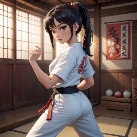 anime artwork full body shot, realistic photography of a female asian karate fighter, long black hair, ponytail, in a dojo, trai...