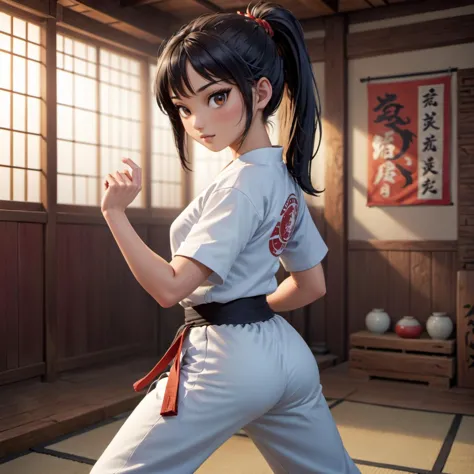 anime artwork full body shot, realistic photography of a female asian karate fighter, long black hair, ponytail, in a dojo, training, strike a pose, cinematic light, detailed, perfect face,  <lora:ahxl_v1:1> . anime style, key visual, vibrant, studio anime,  highly detailed